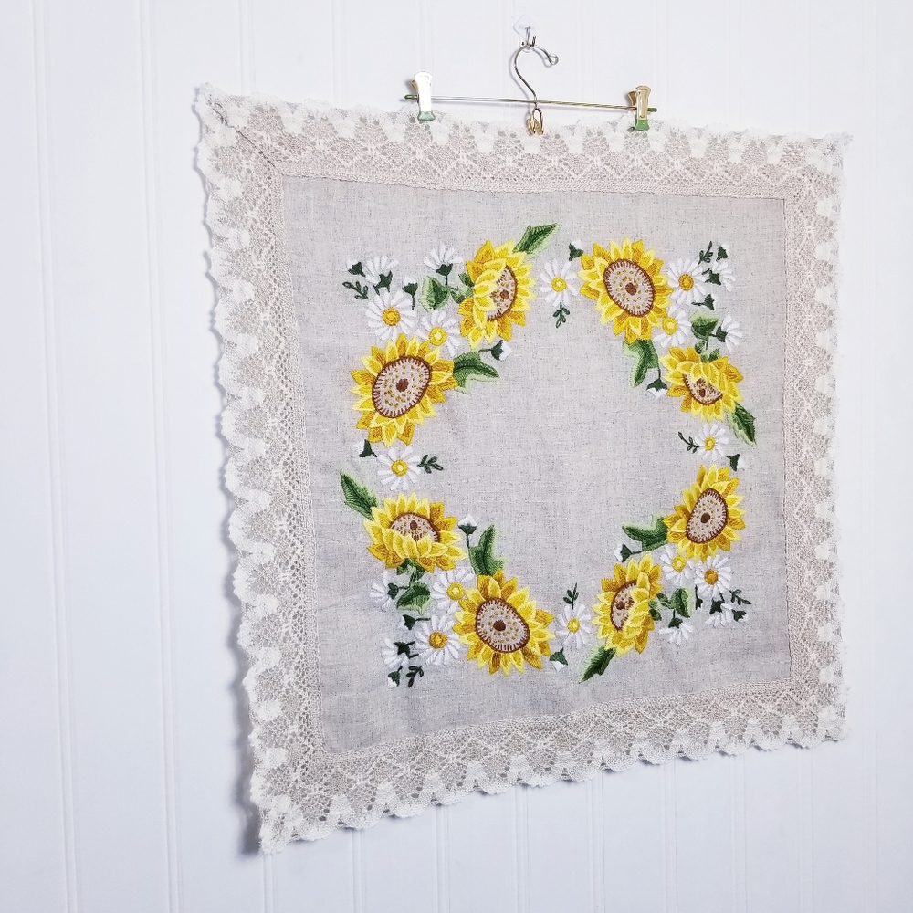 Table Topper Home Decor Square Tan Yellow Sunflower Embroidered Cottagecore